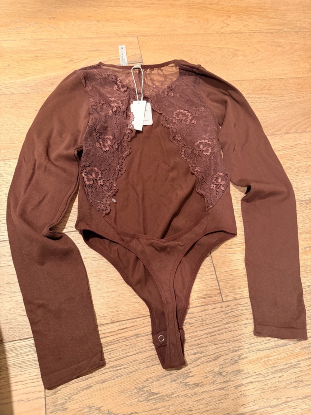 Women's Brown Lace-Trim Long Sleeve Bodysuit